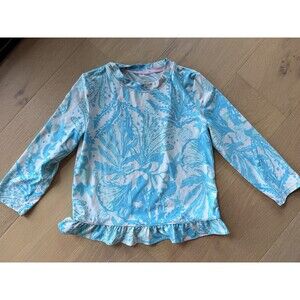 Lilly Pulitzer Aqua Bright Long Sleeve Rash Guard Ruffle Bottom Top Youth Girls